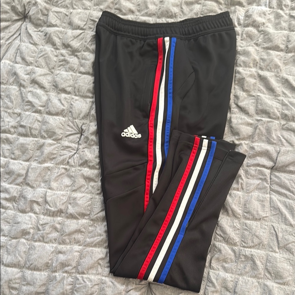 Adidas Trio Kids Black Track Pants with Red and Blue Stripes